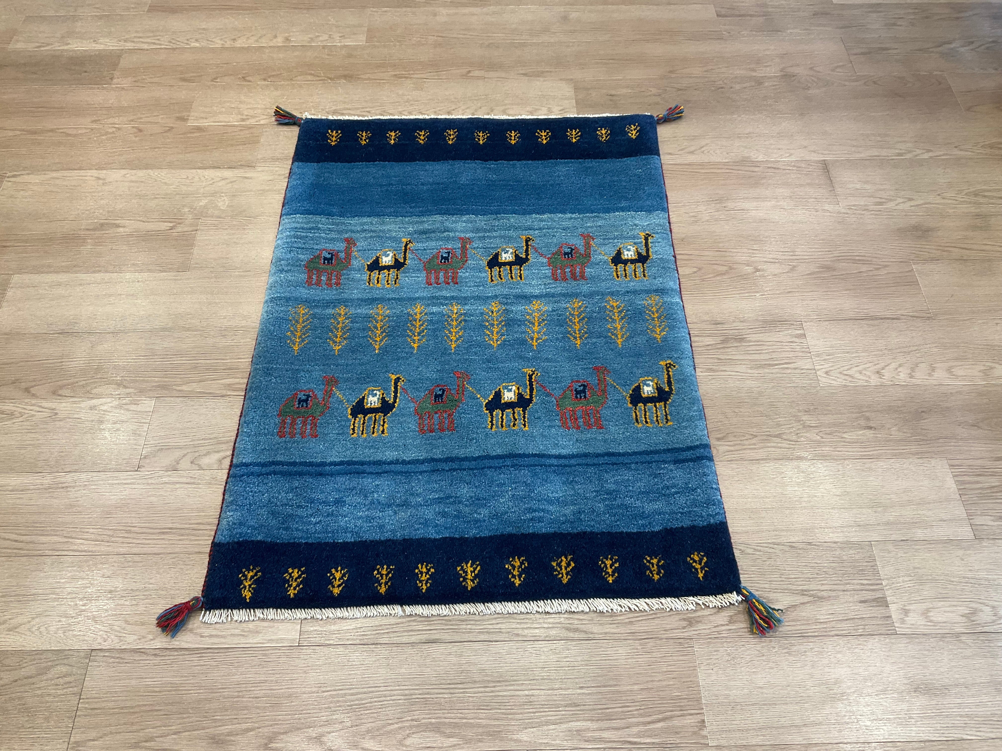 ギャッベ 青 ギャッベ イラン産手織り 92x62cm ネイビーブルー 紺 玄関
