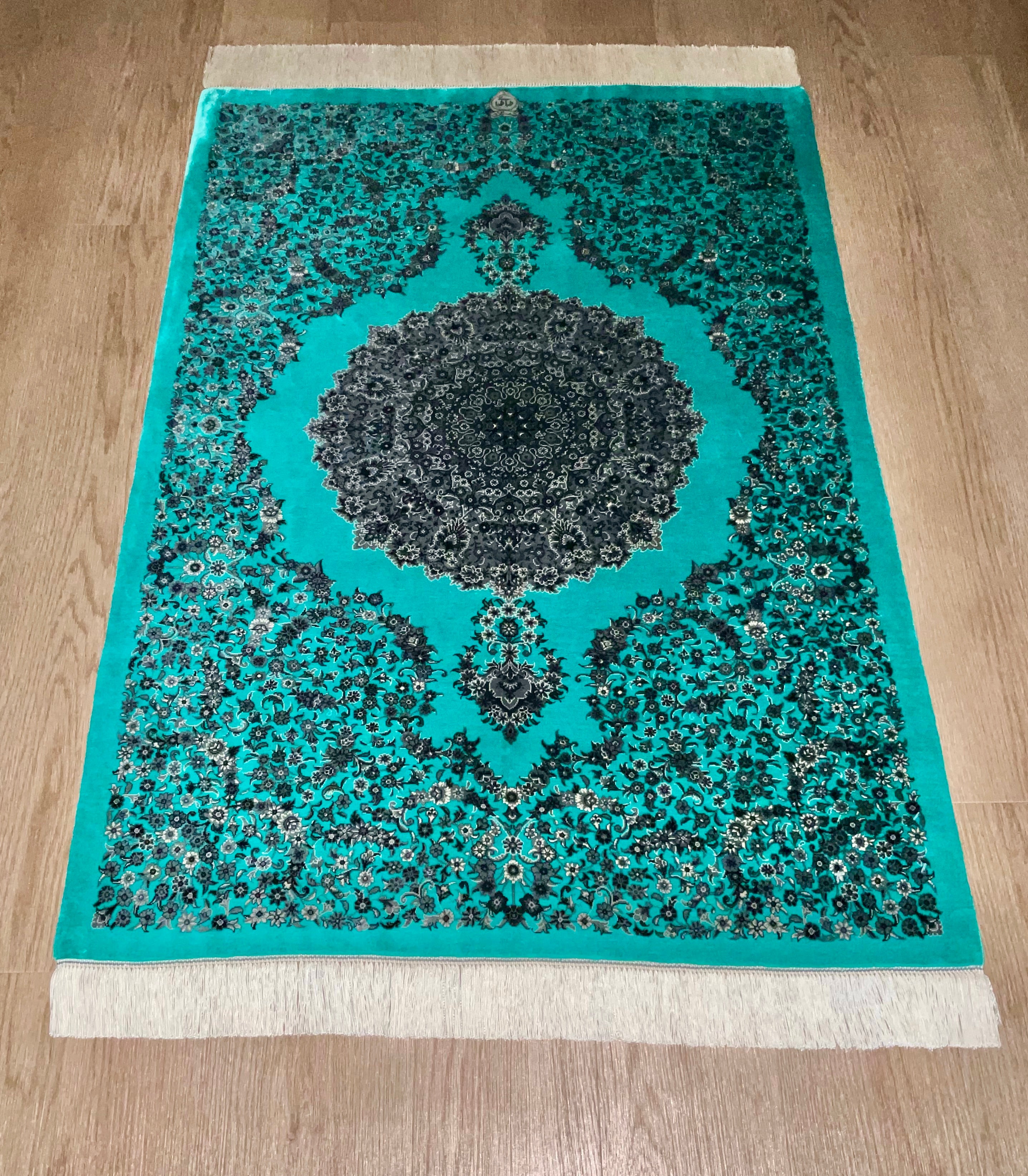 ペルシャ絨毯 タバス ブルー系 サークル 手織りペルシャ絨毯 新品 タバス産 140cm × 85cm 玄関サイズ